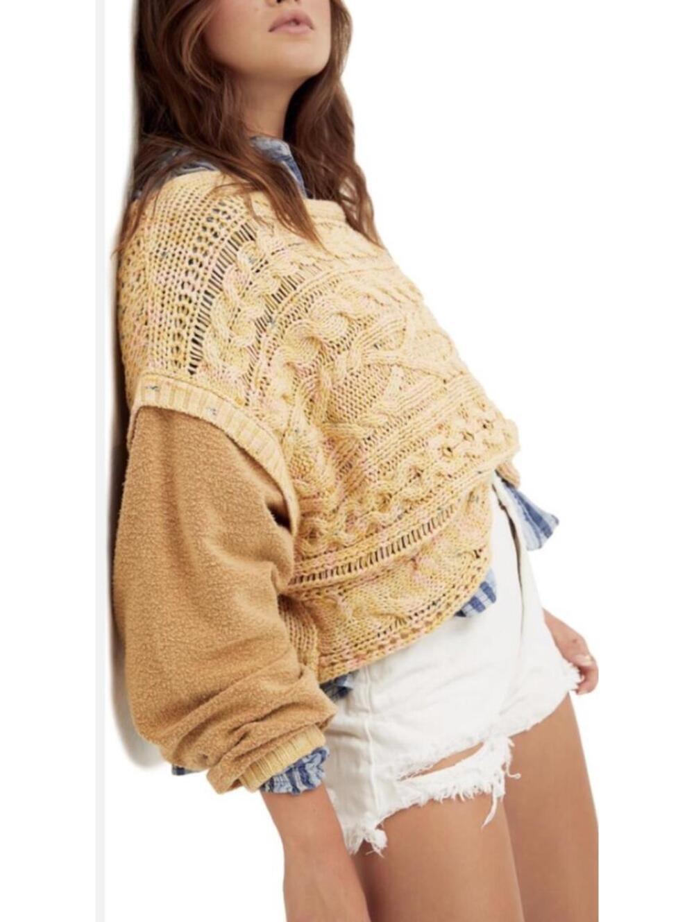 Free People Honey Cable Knit Mix Media Pullover Sweater - Women's Medium